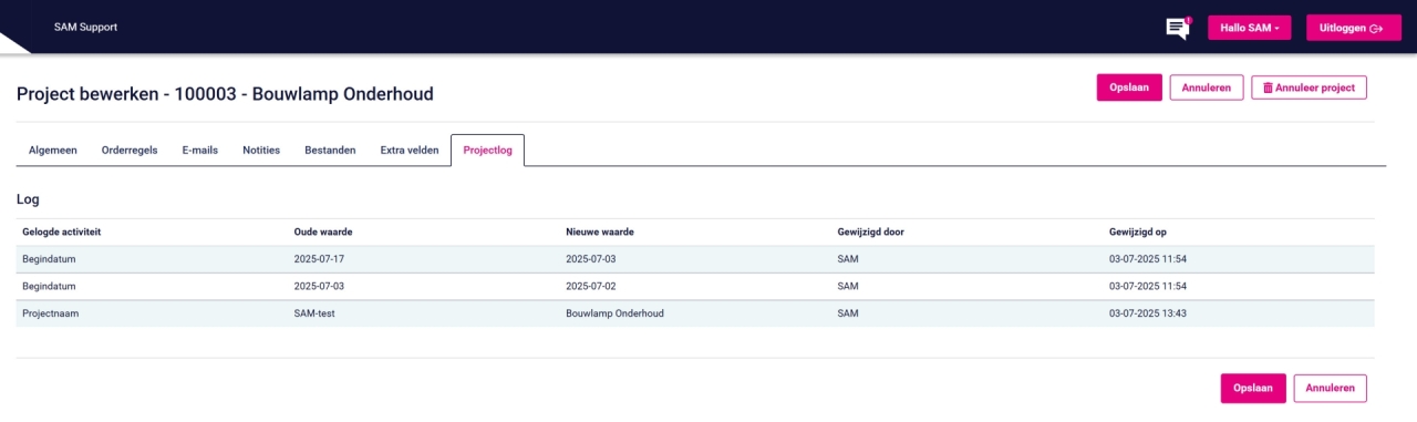 Onderhoud projectlog