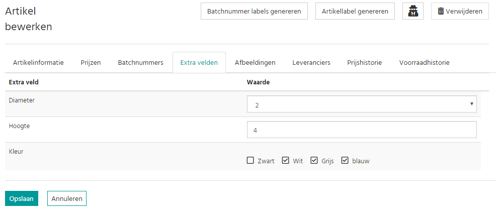 Extra velden artikelbeheer