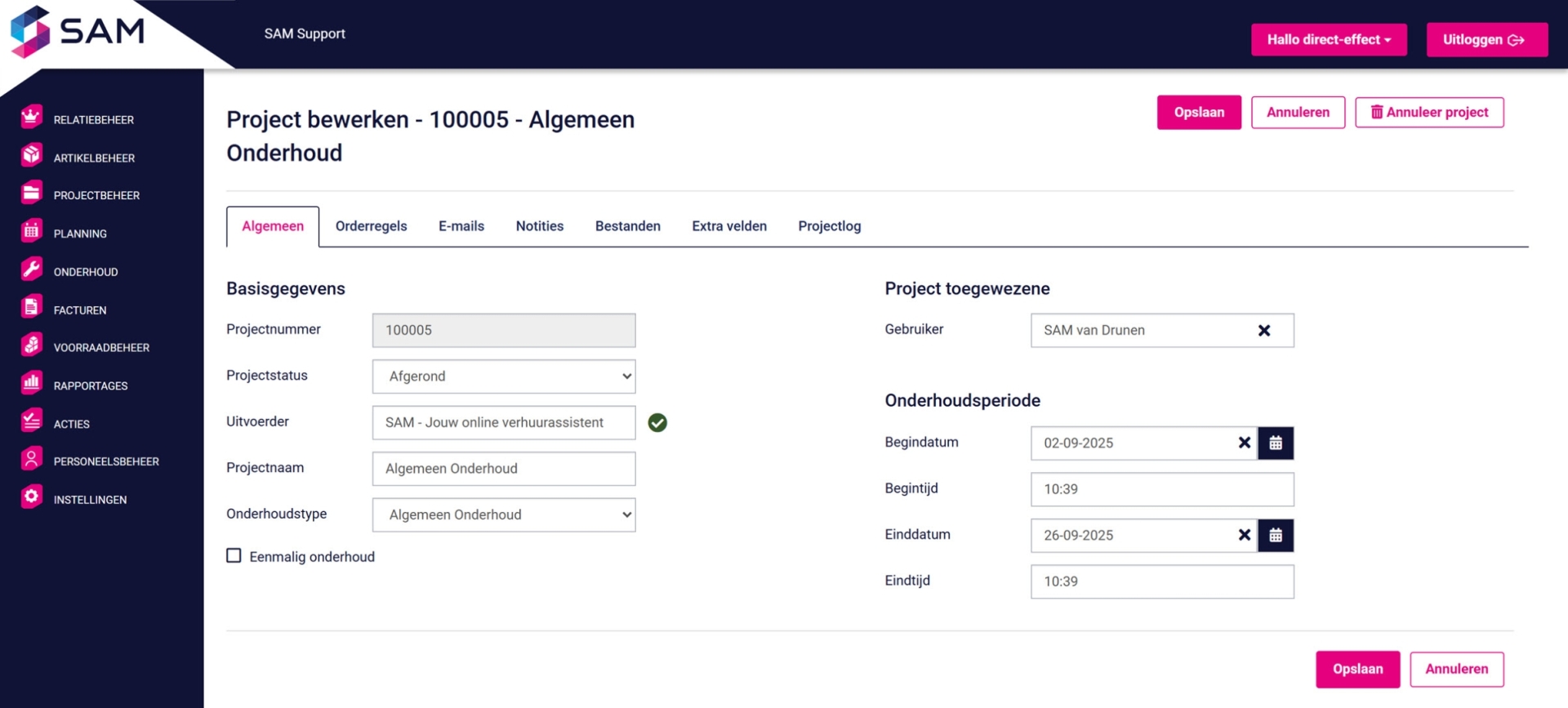 Onderhoud project bewerken