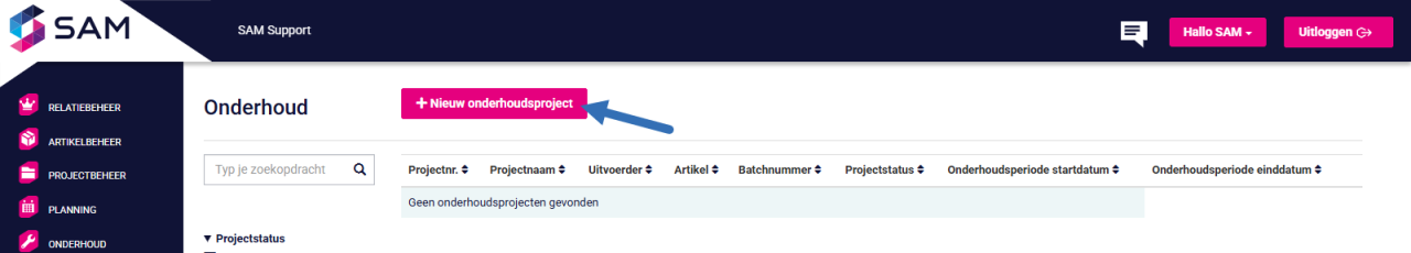 Onderhoud project Aanmaken 