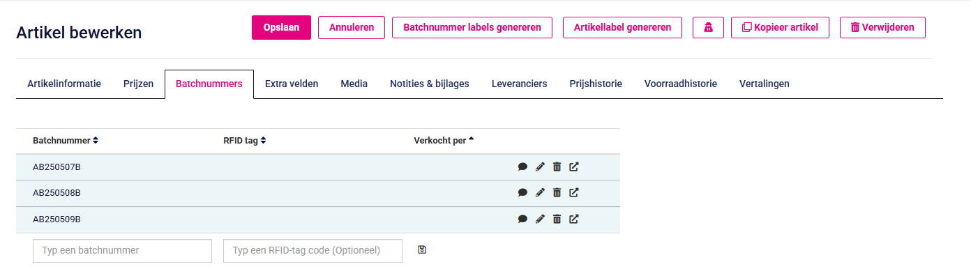 Batchnummers/serienummers